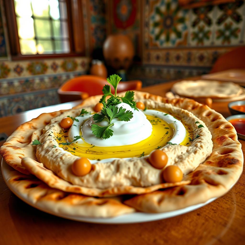 A delicious plate of Fattet Hummus, featuring whole chickpeas that are not crushed, topped generously with creamy yogurt