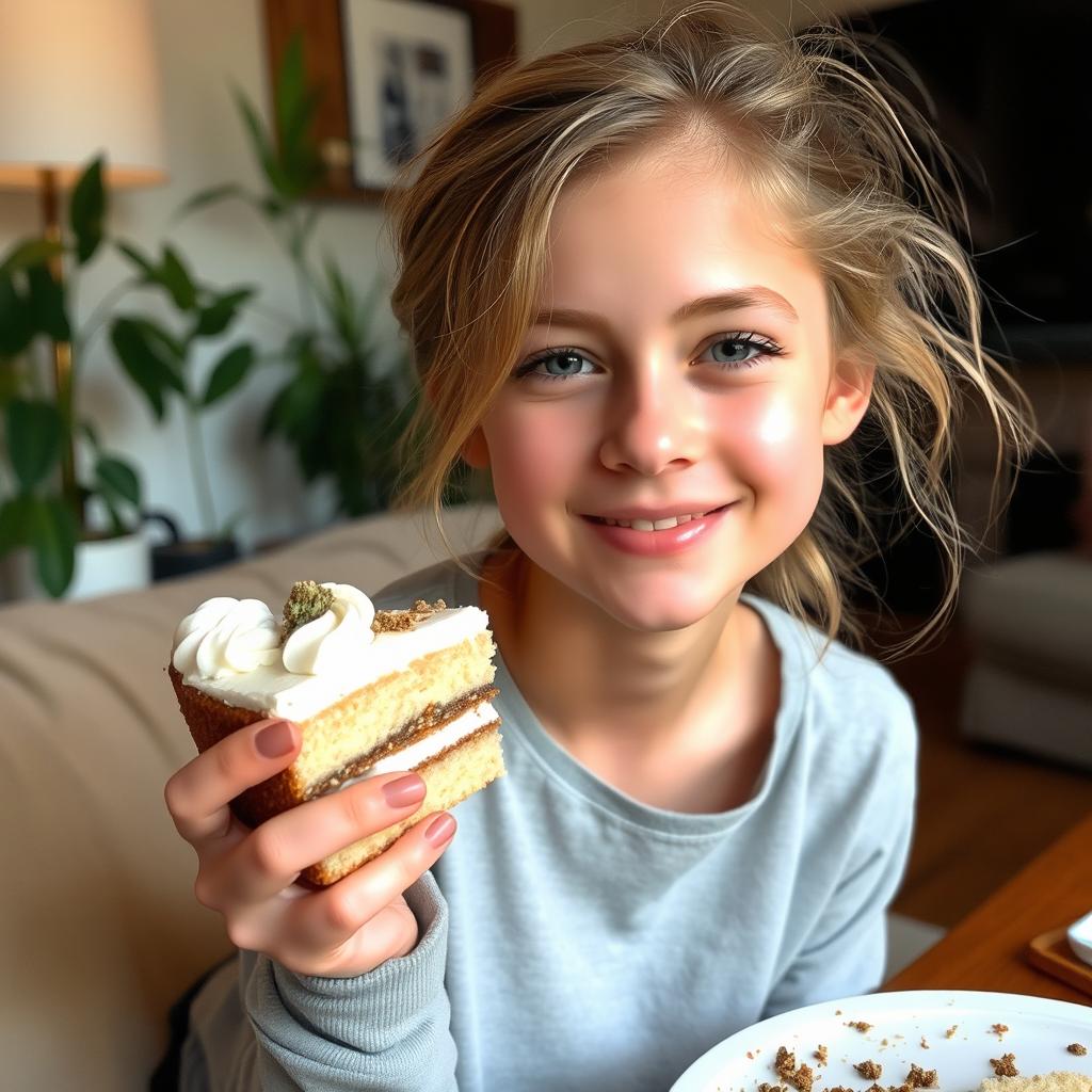 A girl with a natural, fresh look, sitting in a cozy living room after enjoying a slice of marijuana-infused cake
