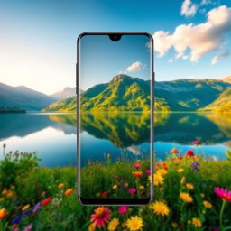 A stunning landscape photo that captures the essence of nature, featuring a sunrise over a serene lake, surrounded by lush green mountains and colorful wildflowers in the foreground