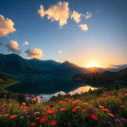 A stunning landscape photo that captures the essence of nature, featuring a sunrise over a serene lake, surrounded by lush green mountains and colorful wildflowers in the foreground