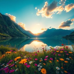 A stunning landscape photo that captures the essence of nature, featuring a sunrise over a serene lake, surrounded by lush green mountains and colorful wildflowers in the foreground