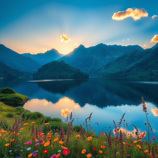 A stunning landscape photo that captures the essence of nature, featuring a sunrise over a serene lake, surrounded by lush green mountains and colorful wildflowers in the foreground