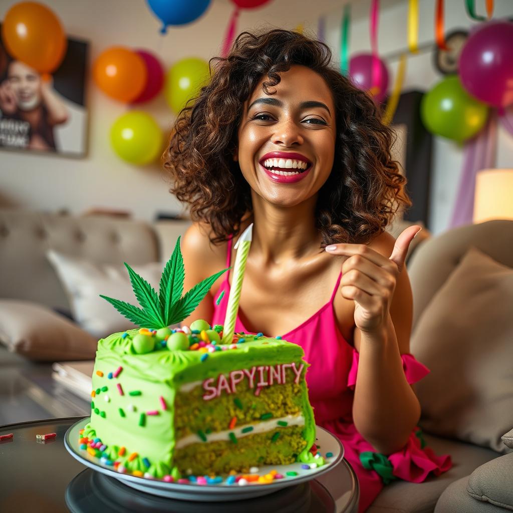 A joyful woman sitting in a cozy living room after enjoying a slice of a colorful marijuana-themed birthday cake