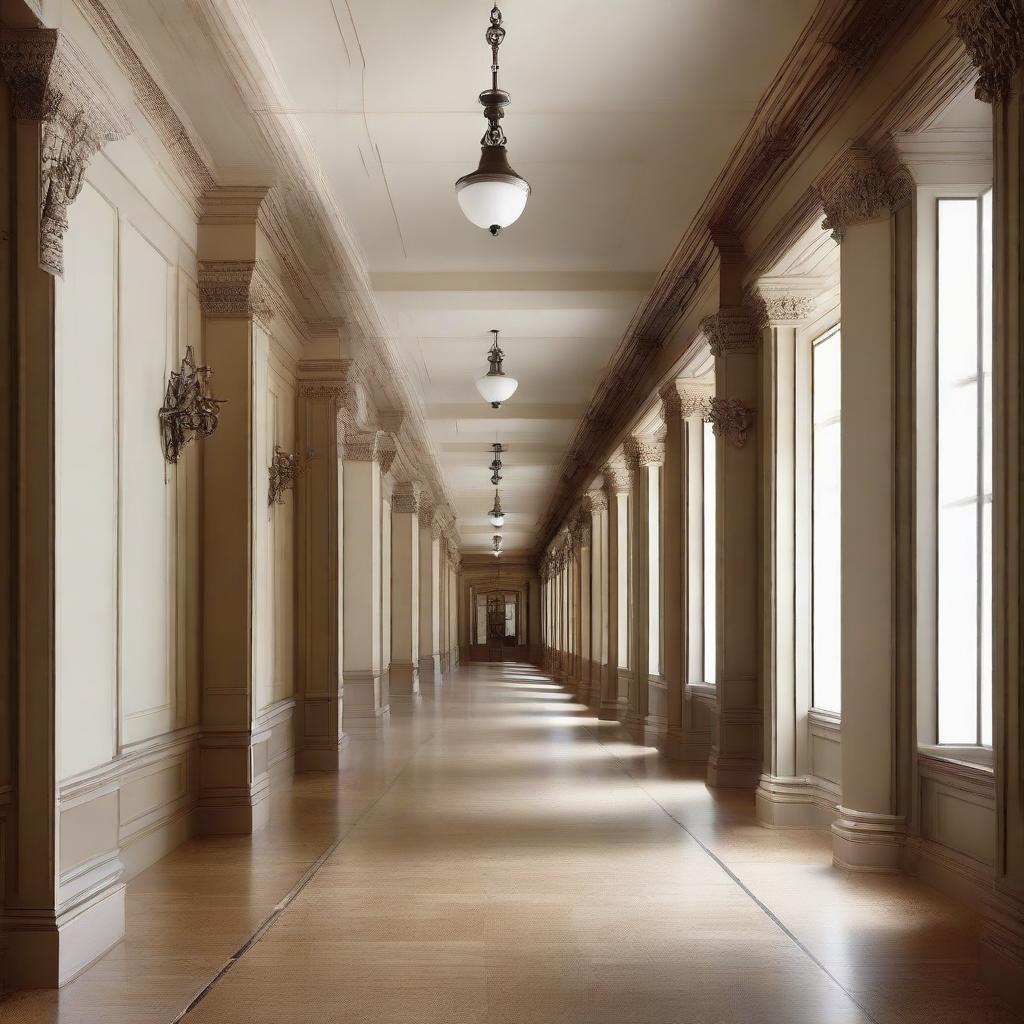 A very long and expansive hallway with architectural details derived from the design elements in the provided link.