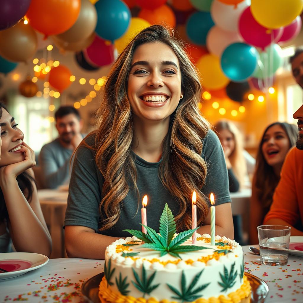 A joyful woman with a relaxed demeanor, sitting at a festive birthday party in a vibrant atmosphere