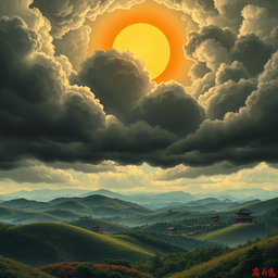 A dramatic landscape of Sengoku era Japan featuring rolling hills under a swirling, dark clouded sky, punctuated by a large, radiant sun breaking through the clouds