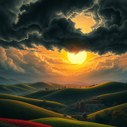 A dramatic landscape of Sengoku era Japan featuring rolling hills under a swirling, dark clouded sky, punctuated by a large, radiant sun breaking through the clouds