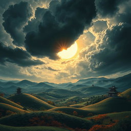 A dramatic landscape of Sengoku era Japan featuring rolling hills under a swirling, dark clouded sky, punctuated by a large, radiant sun breaking through the clouds