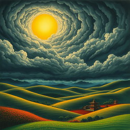 A dramatic landscape of Sengoku era Japan featuring rolling hills under a swirling, dark clouded sky, punctuated by a large, radiant sun breaking through the clouds