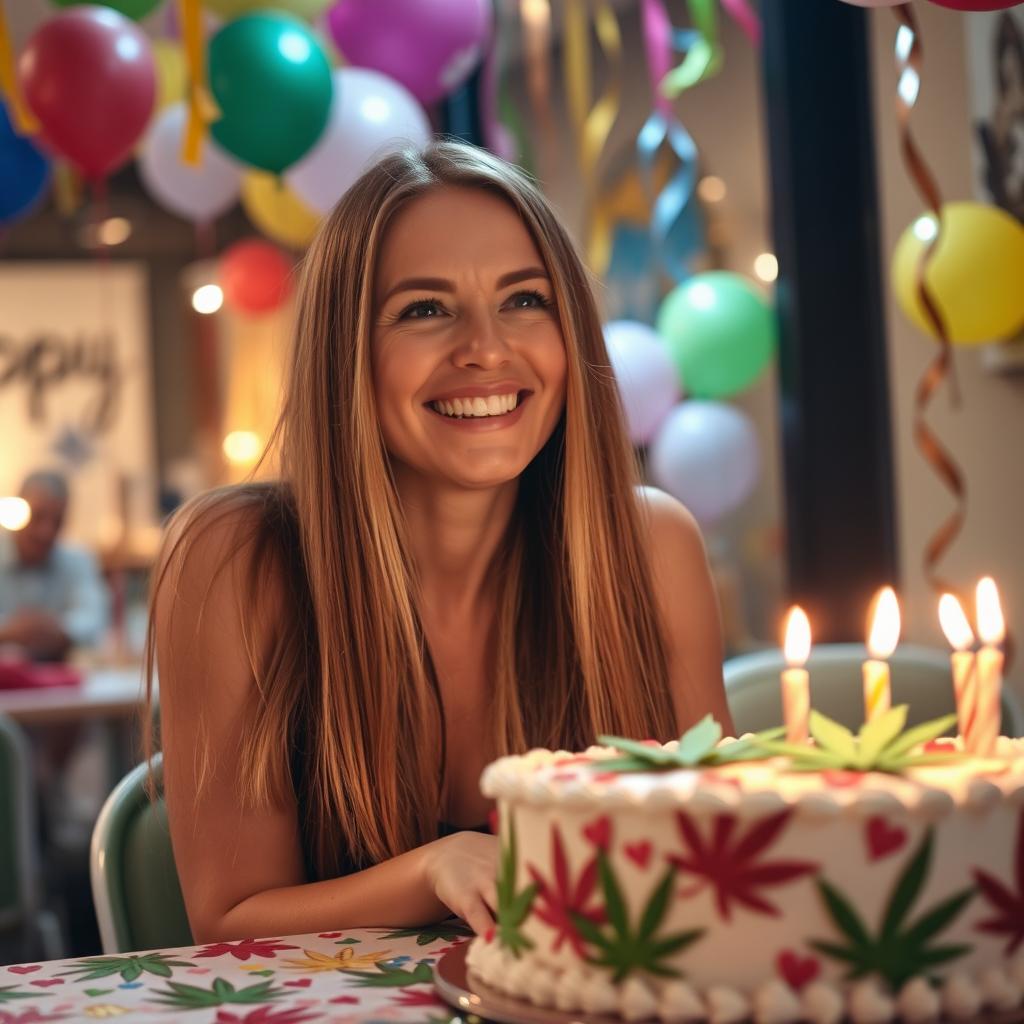 A woman with long, straight, light brown hair, sitting at a table filled with colorful decorations and a birthday cake with marijuana leaf designs