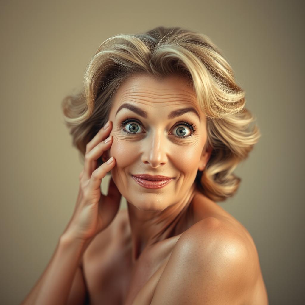 A beautiful 60-year-old woman facing the camera with a surprised expression, posed in a sensual way