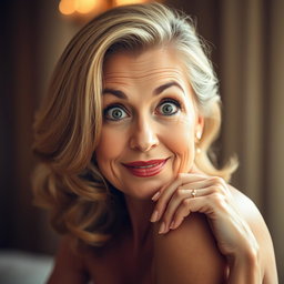 A beautiful 60-year-old woman facing the camera with a surprised expression, posed in a sensual way