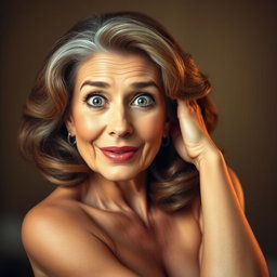 A beautiful 60-year-old woman facing the camera with a surprised expression, posed in a sensual way