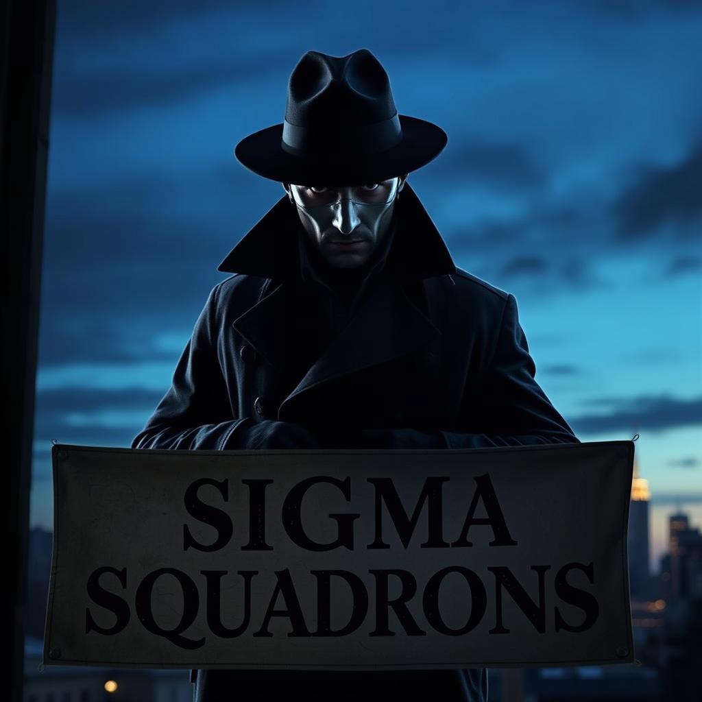 A mysterious spy in a dark trench coat and fedora, stealthily holding a banner that reads 'Sigma Squadrons'