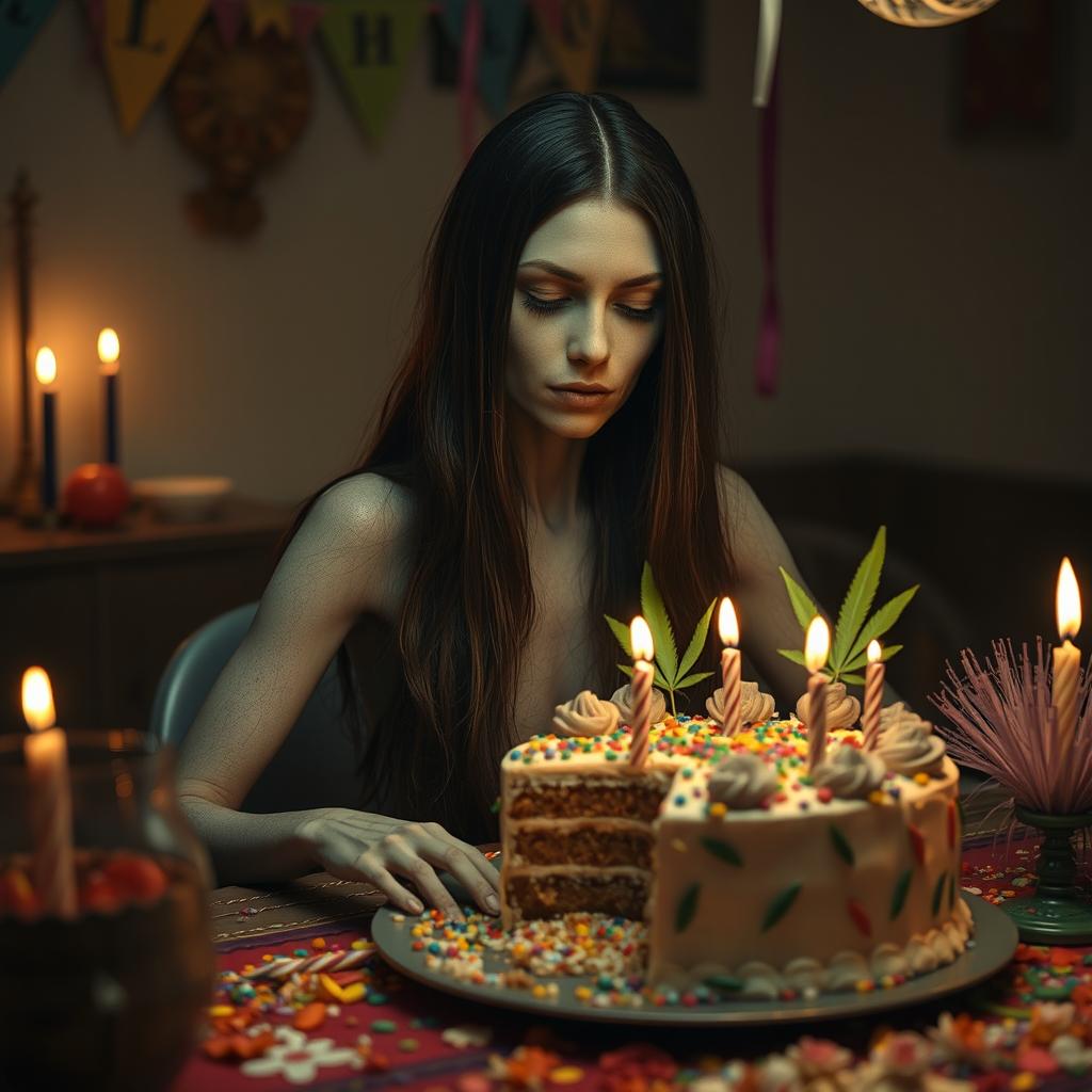 A surreal representation of a woman who appears as a corpse, with a peaceful expression, sitting at a festive birthday table surrounded by colorful party decorations and a half-eaten marijuana birthday cake