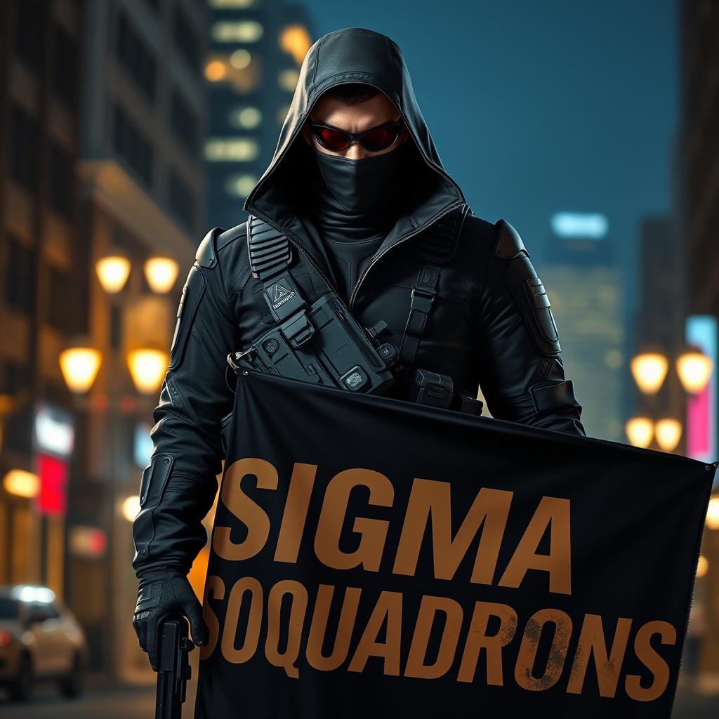 A mysterious spy character, dressed in a sleek black tactical suit with high-tech gadgets, gripping a large, bold banner that reads 'Sigma Squadrons