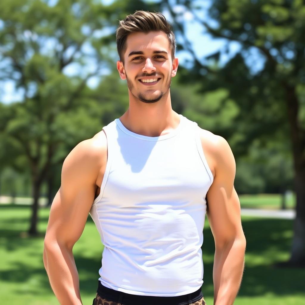 A man wearing a white sando (sleeveless undershirt) standing in an outdoor setting, showcasing an athletic build