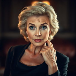 A stunning 60-year-old woman with an expression of surprise, looking directly at the camera with her face front-facing