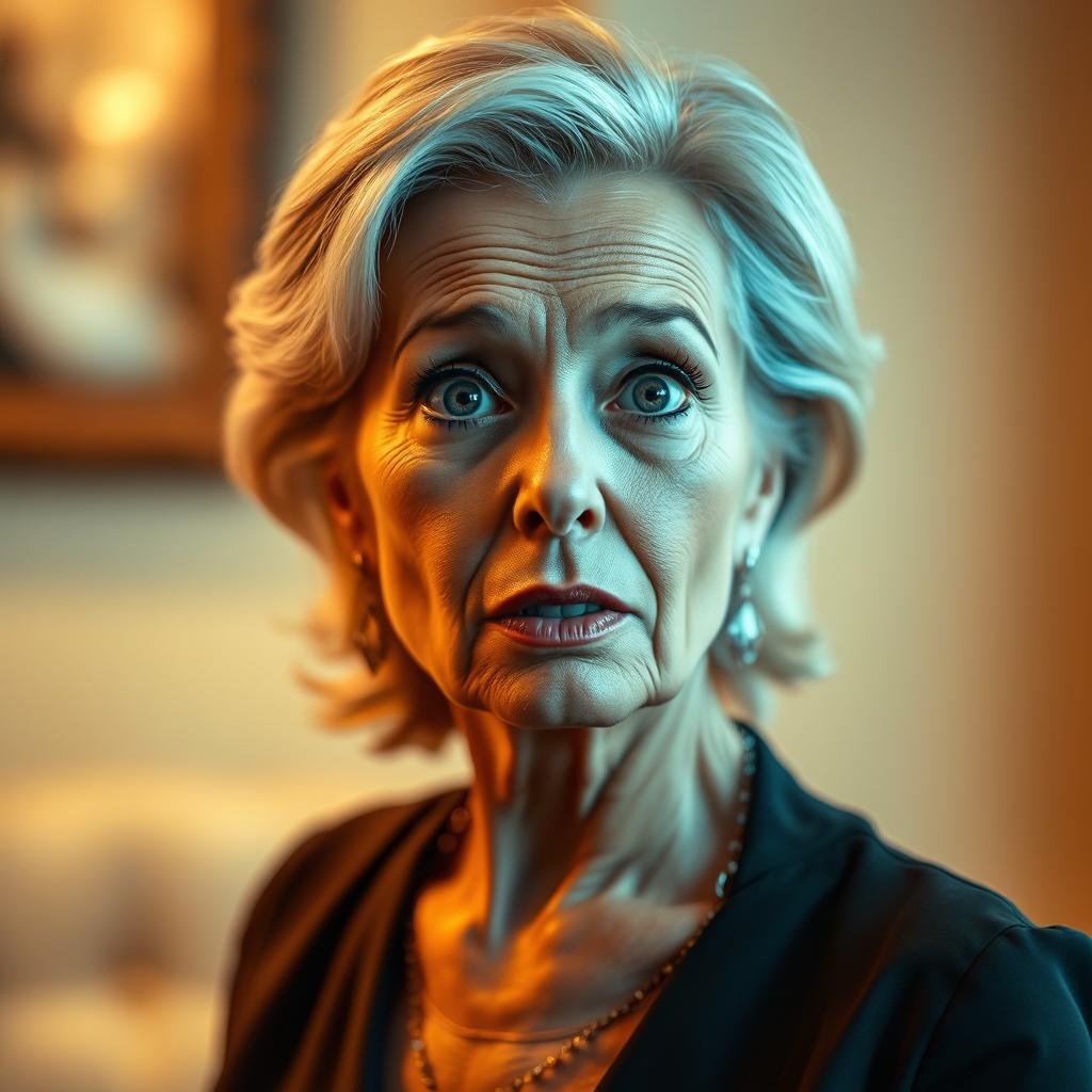 A stunning 60-year-old woman with an expression of surprise, looking directly at the camera with her face front-facing