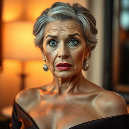 A stunning 60-year-old woman with an expression of surprise, looking directly at the camera with her face front-facing