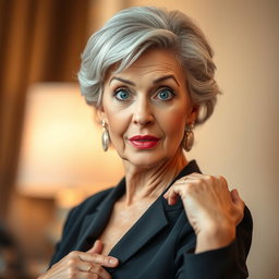 A stunning 60-year-old woman with an expression of surprise, looking directly at the camera with her face front-facing