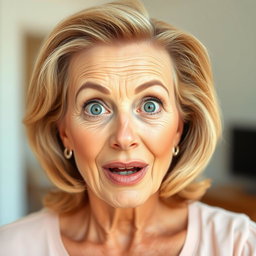 A beautiful 60-year-old woman with a surprised expression on her face, showcasing her graceful features and confident demeanor