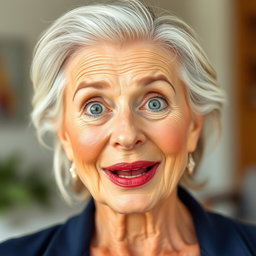 A beautiful 60-year-old woman with a surprised expression on her face, showcasing her graceful features and confident demeanor