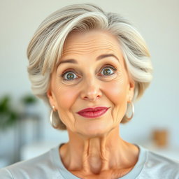 A beautiful 60-year-old woman with a surprised expression on her face, showcasing her graceful features and confident demeanor