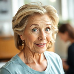 A beautiful 60-year-old woman with a surprised expression on her face, showcasing her graceful features and confident demeanor