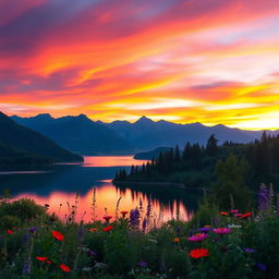 A serene landscape depicting a vibrant sunset over a tranquil lake, with colorful reflections on the water's surface, surrounded by lush green trees and blooming wildflowers in the foreground