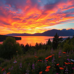 A serene landscape depicting a vibrant sunset over a tranquil lake, with colorful reflections on the water's surface, surrounded by lush green trees and blooming wildflowers in the foreground