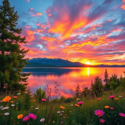A serene landscape depicting a vibrant sunset over a tranquil lake, with colorful reflections on the water's surface, surrounded by lush green trees and blooming wildflowers in the foreground