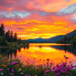 A serene landscape depicting a vibrant sunset over a tranquil lake, with colorful reflections on the water's surface, surrounded by lush green trees and blooming wildflowers in the foreground
