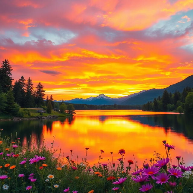 A serene landscape depicting a vibrant sunset over a tranquil lake, with colorful reflections on the water's surface, surrounded by lush green trees and blooming wildflowers in the foreground