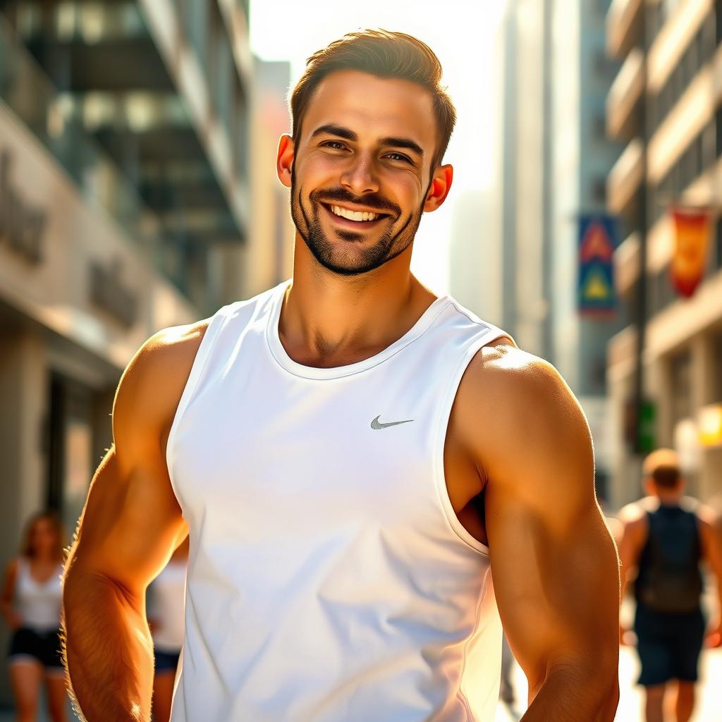 A man wearing a white sleeveless shirt (sando) confidently standing in a sunlit urban environment