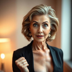 A beautiful 60-year-old woman with an expression of surprise, prominently facing the camera with her face directly visible