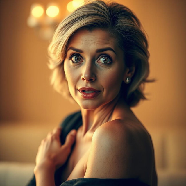 A beautiful 60-year-old woman with an expression of surprise, prominently facing the camera with her face directly visible