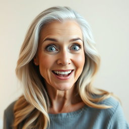 A stunning 60-year-old woman with a surprised expression, capturing her beauty and elegance