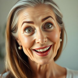 A stunning 60-year-old woman with a surprised expression, capturing her beauty and elegance