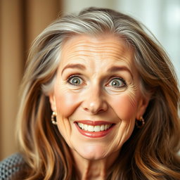 A stunning 60-year-old woman with a surprised expression, capturing her beauty and elegance