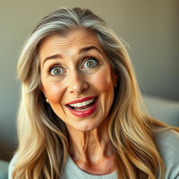 A stunning 60-year-old woman with a surprised expression, capturing her beauty and elegance