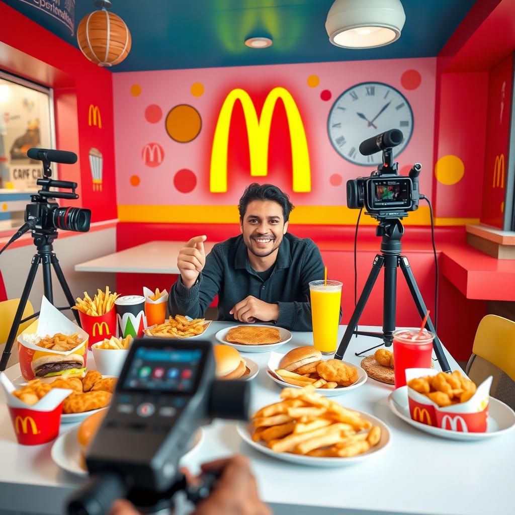 An engaging scene depicting a vibrant and colorful McDonald's restaurant interior designed for a YouTube food review video
