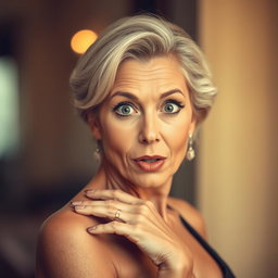 A beautiful 60-year-old woman with a surprised expression, looking straight at the camera with her face fully visible