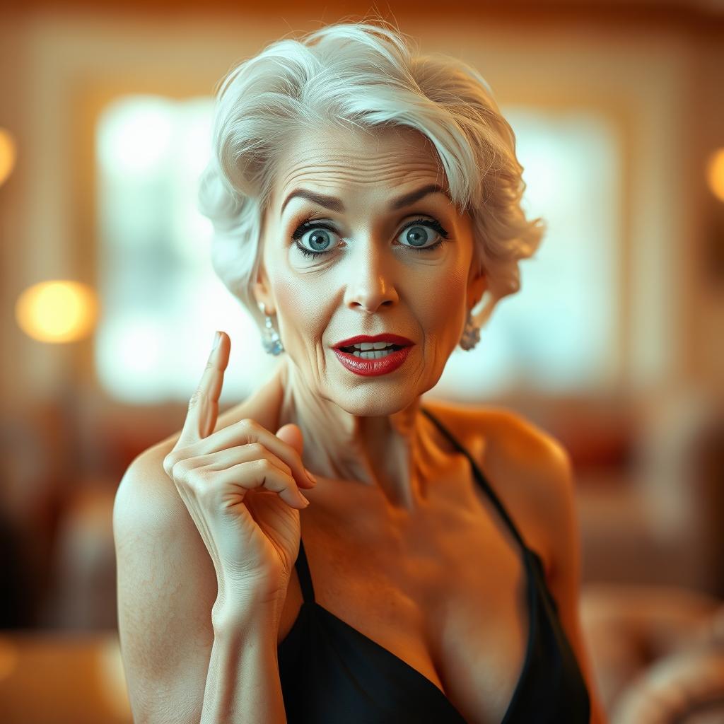 A beautiful 60-year-old woman with a surprised expression, looking straight at the camera with her face fully visible