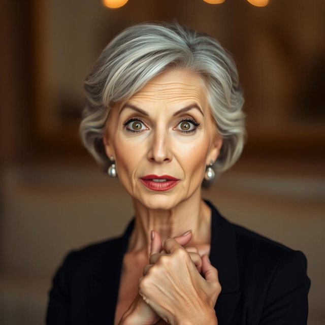 A beautiful 60-year-old woman with a surprised expression, looking straight at the camera with her face fully visible