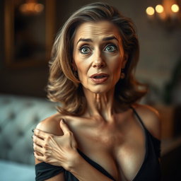 A beautiful 60-year-old woman with a surprised expression, looking straight at the camera with her face fully visible
