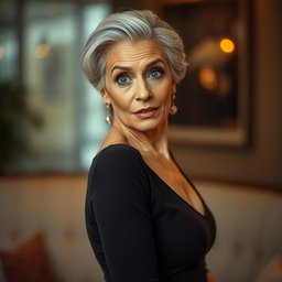 A gorgeous 60-year-old woman with a surprised look, facing the camera directly