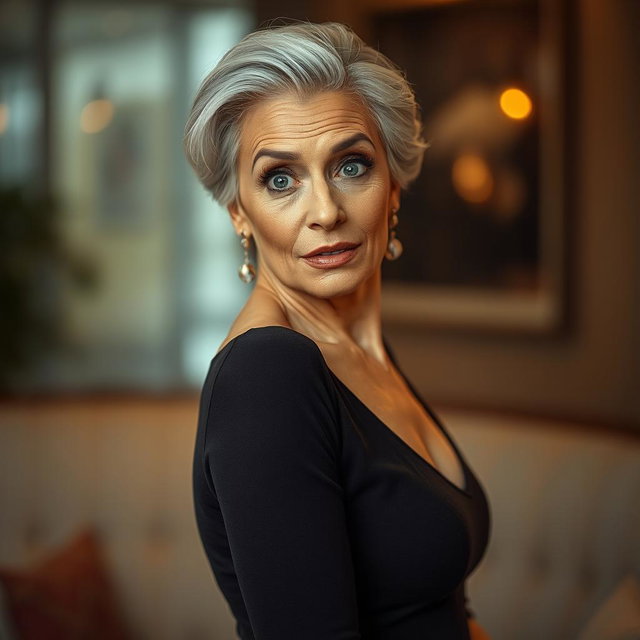 A gorgeous 60-year-old woman with a surprised look, facing the camera directly