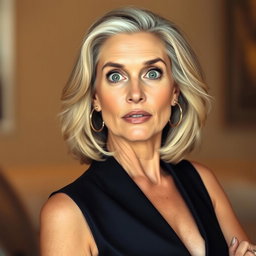 A gorgeous 60-year-old woman with a surprised look, facing the camera directly