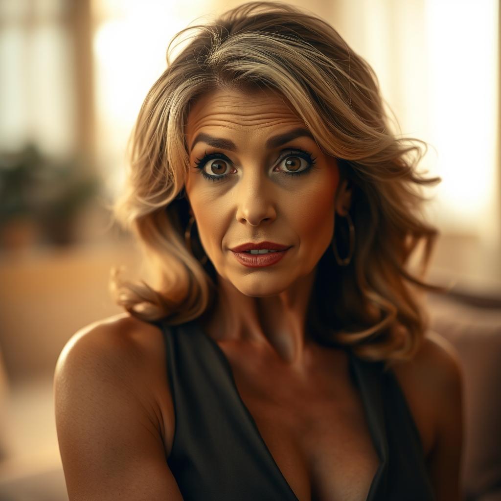 A gorgeous 60-year-old woman with a surprised look, facing the camera directly